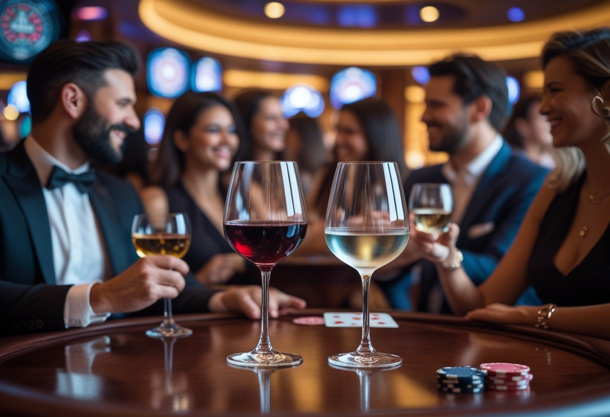 Casino guests enjoying red and white wine at a table