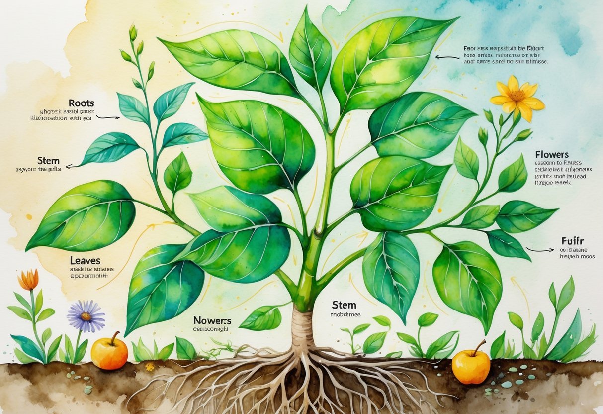 Slika biljke s jasno istaknutim korijenjem, stabljikom, lišćem, cvjetovima i plodovima, prikazujući njihove funkcije.