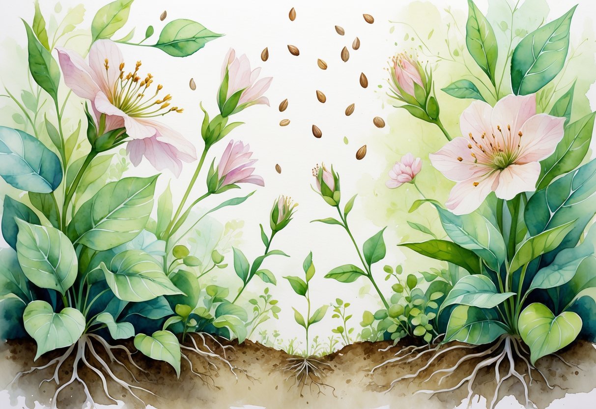 Prikaz razmnožavanja biljaka s cvjetovima, sjemenkama i mladim izbojcima u vrtu.