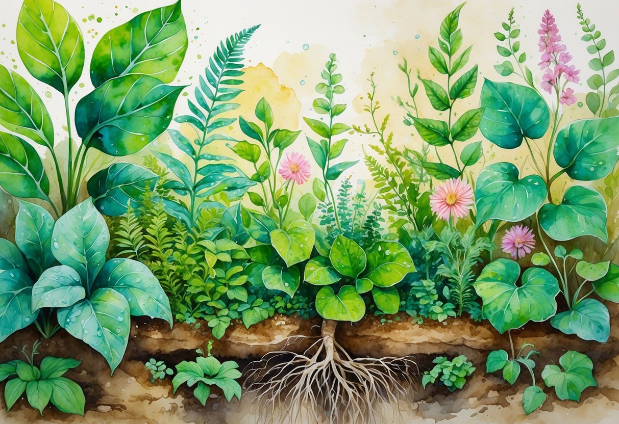 Raznolike biljke s različitim oblicima listova i korijenjem u prirodnom okruženju.