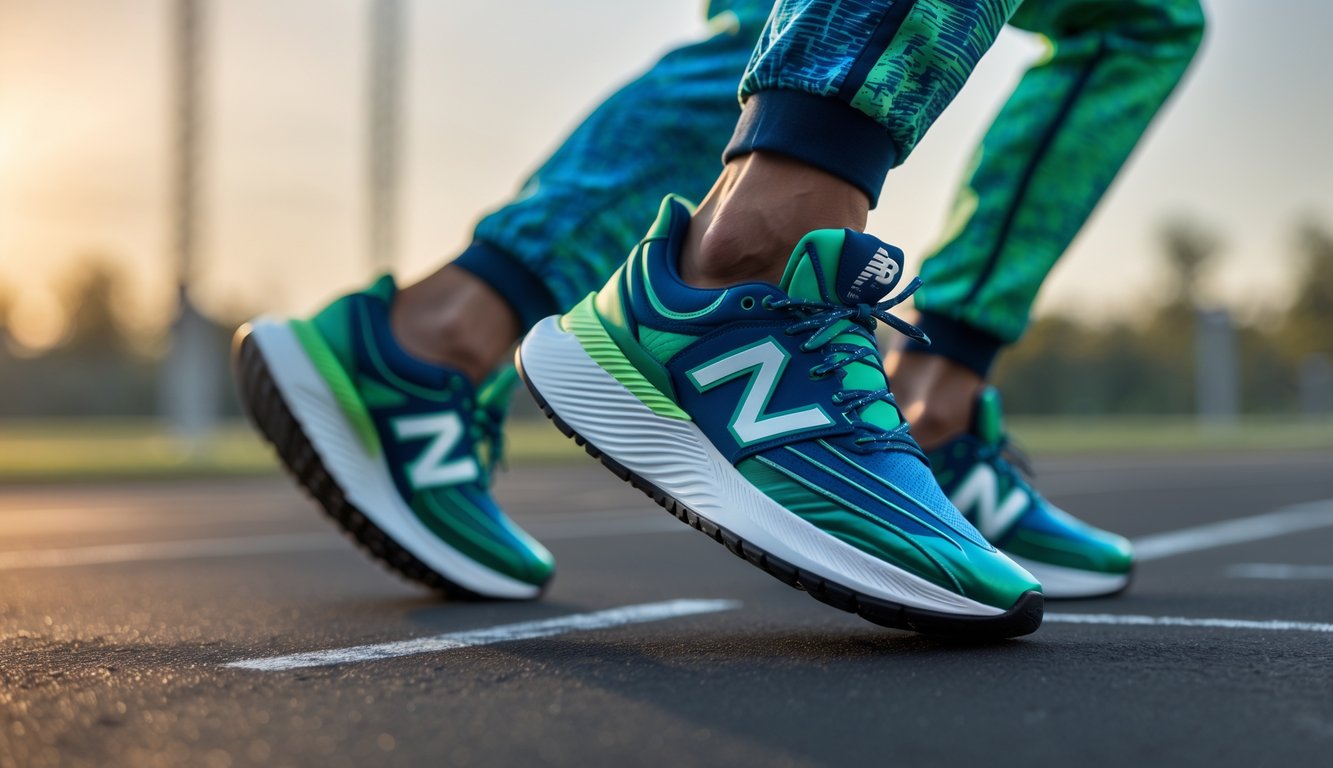 Seorang model muda mengenakan pakaian olahraga biru dan hijau berdiri di luar ruangan di trek lari dengan latar belakang taman dan cahaya matahari sore.