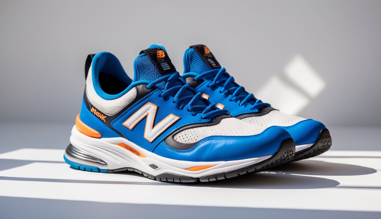 Sepasang sepatu New Balance Merak terbaru 2025 berwarna biru dan putih dengan aksen oranye, diletakkan di atas latar belakang putih polos.