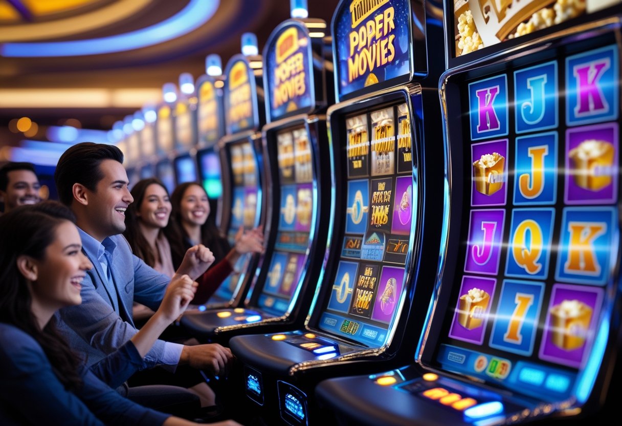 People playing movie-themed slot machines in a lively casino setting, showing excitement and colorful reels with movie-related symbols.