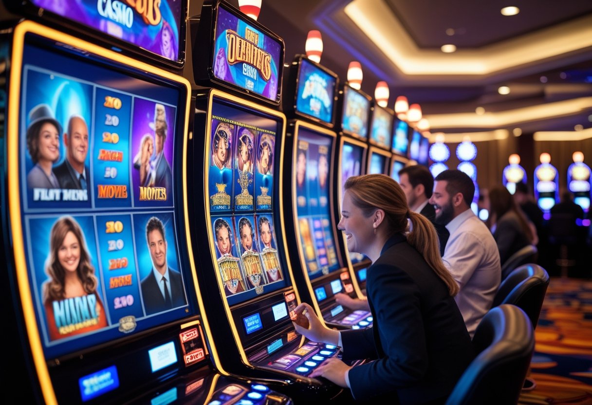 A casino scene with people playing colorful slot machines featuring movie-themed imagery and cinematic symbols.