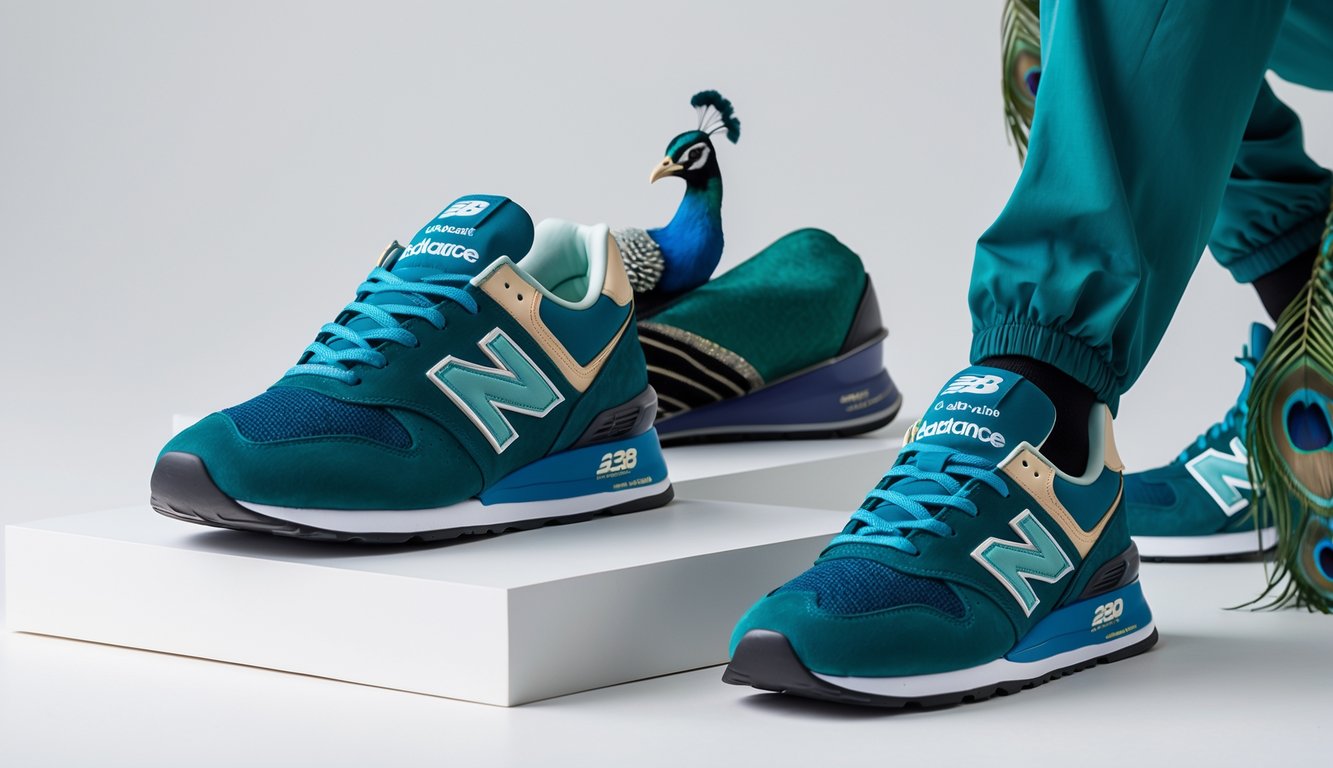Sepasang sepatu New Balance dan pakaian dengan warna terinspirasi bulu merak, ditata rapi di latar belakang putih.