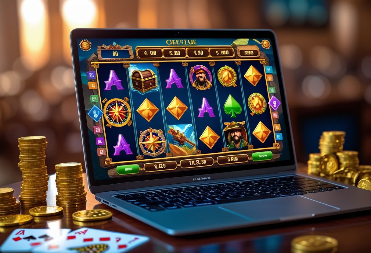 A laptop on a wooden table showing colorful action and adventure themed slot games with symbols like treasure chests and explorers, surrounded by gold coins and dice.