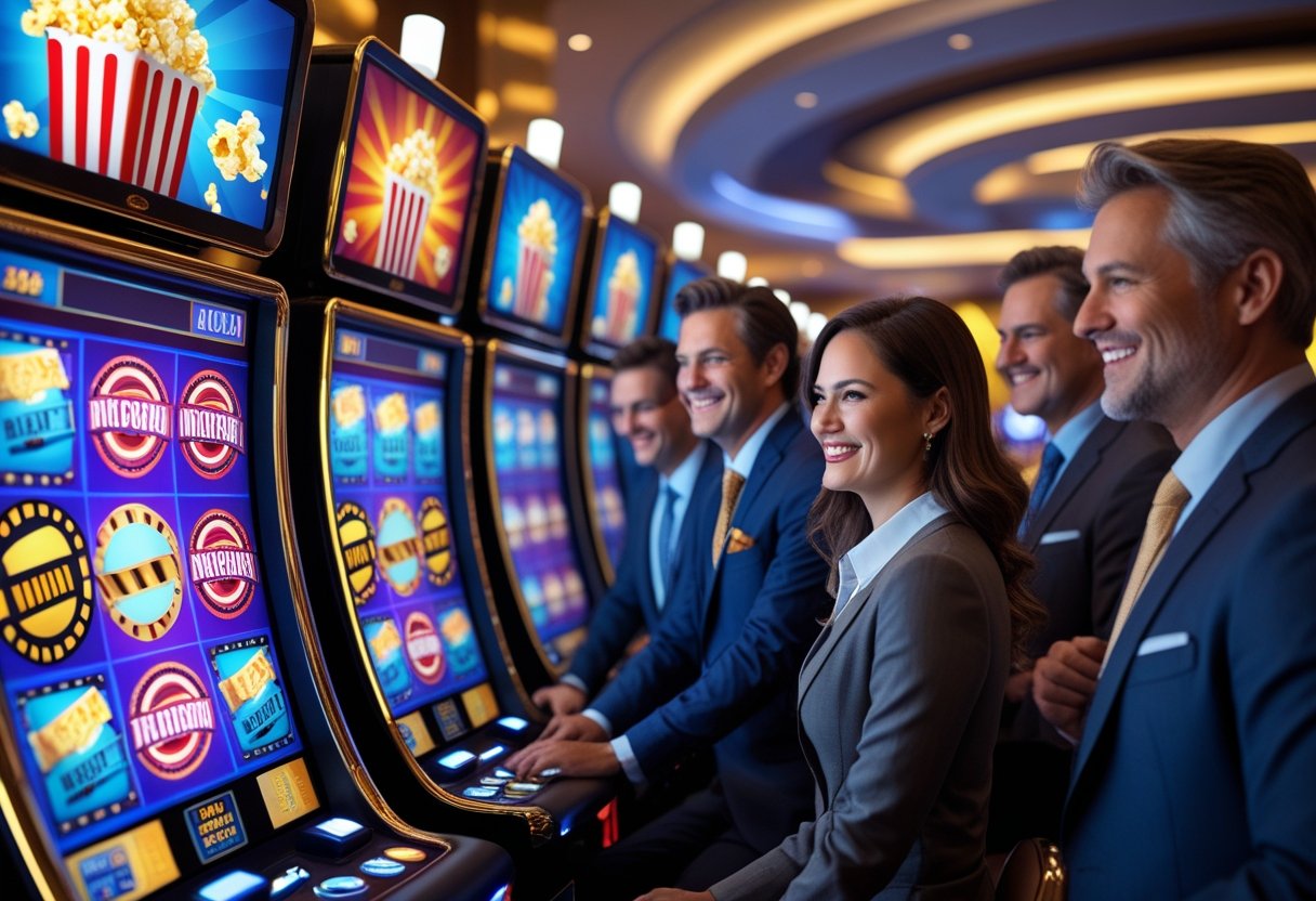 People playing movie-themed slot machines in a modern casino setting.