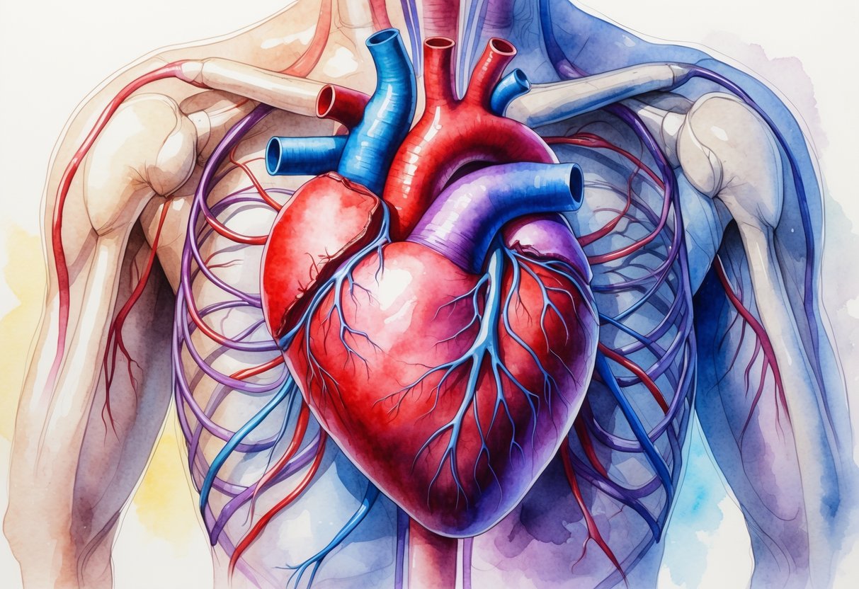 Anatomski prikaz srca unutar gornjeg dijela tijela s krvnim žilama koje prikazuju protok krvi.