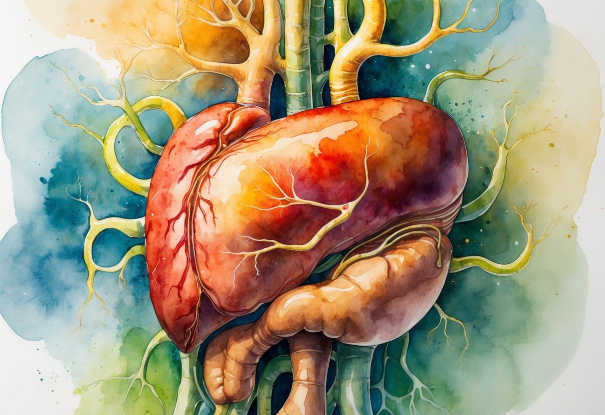 Prikaz ljudskog jetre s naglaskom na detoksikaciju i proizvodnju žuči, s istaknutim žučnim kanalima.