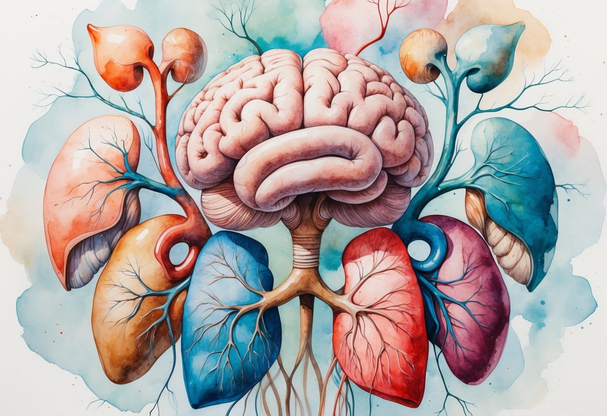 Slika ljudskog mozga okruženog unutarnjim organima poput srca, pluća, jetre i bubrega.