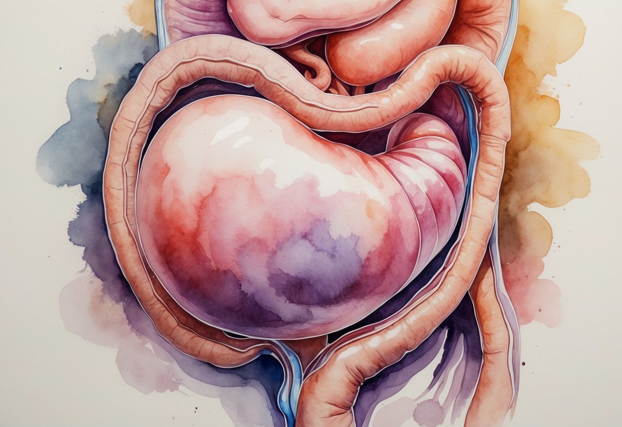 Prikaz ljudskog želuca unutar probavnog sustava, okružen povezanim organima.