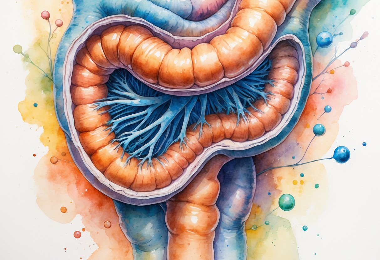 Prikaz presjeka tankog crijeva s vidljivim naborima i česticama hranjivih tvari koje se upijaju.