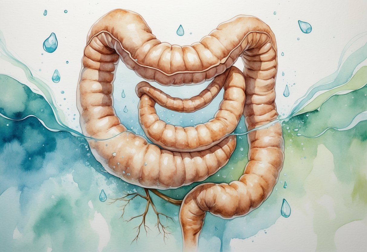 Prikaz debelog crijeva u tijelu s naglaskom na upijanje vode i oblikovanje stolice.