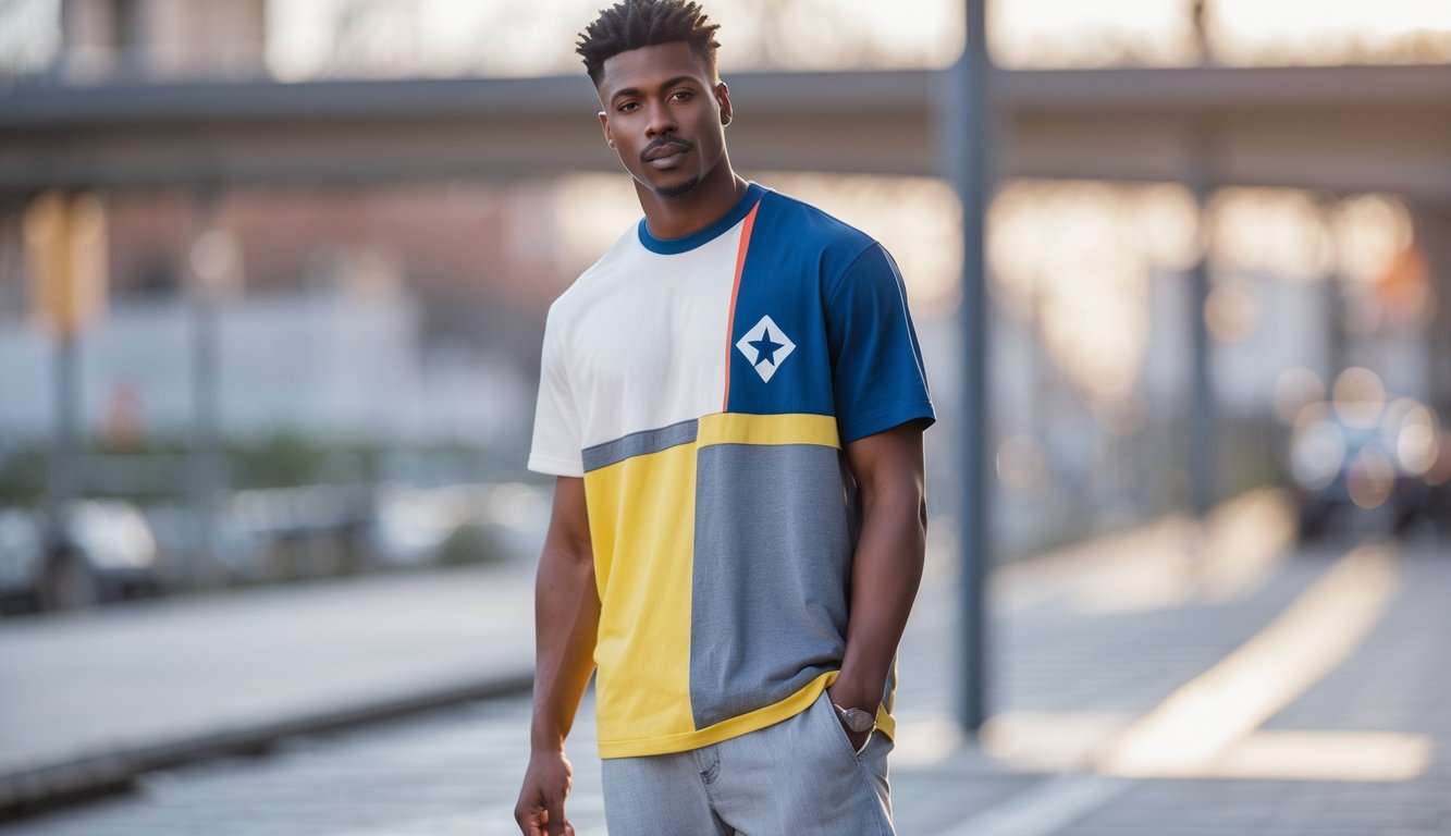 Seorang dewasa muda mengenakan kaos Converse terbaru 2025 sedang berdiri di lingkungan perkotaan.