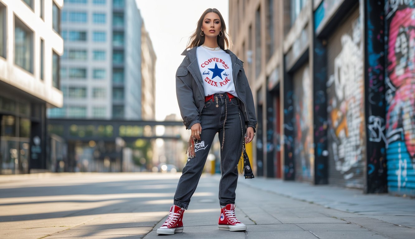 Seorang wanita muda memakai sepatu Converse dan pakaian jalanan berdiri di trotoar kota dengan latar gedung modern dan seni grafiti.