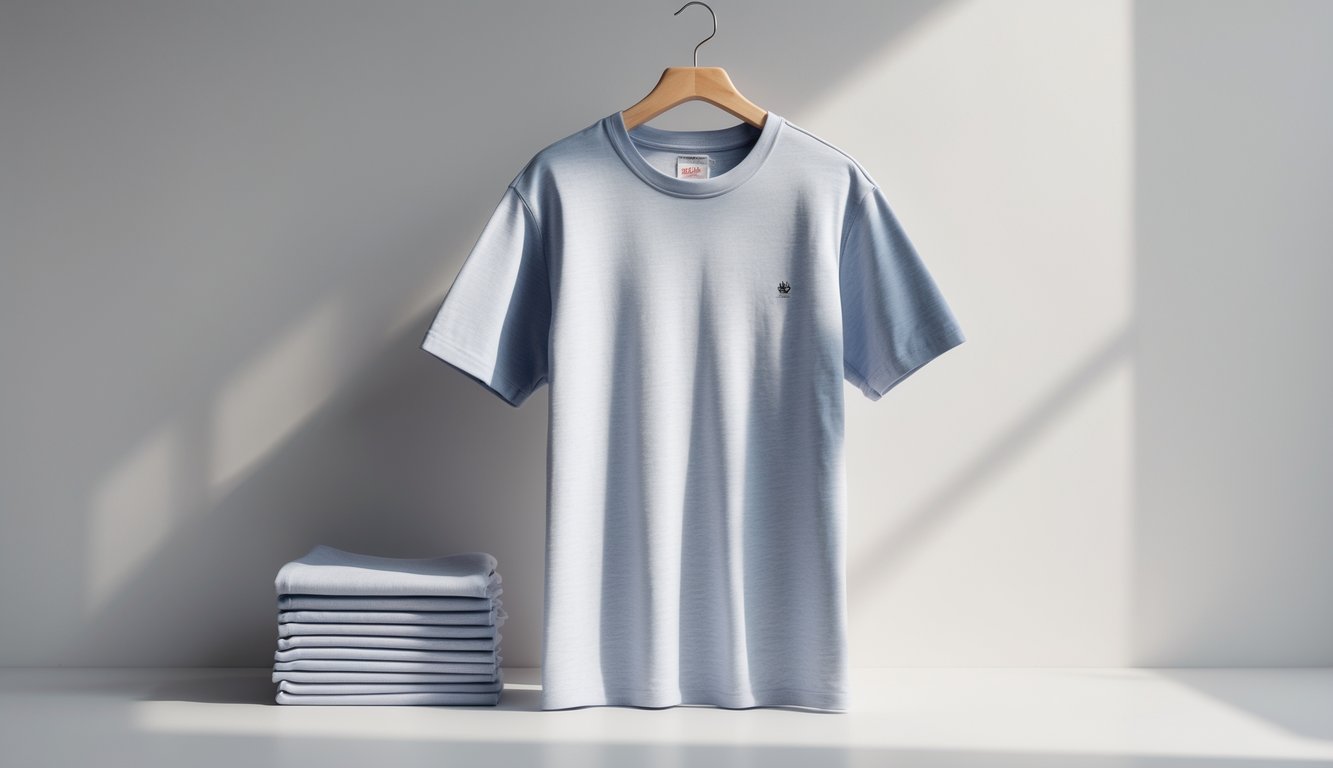 Kaos katun berkualitas tinggi berwarna netral, ditata rapi di latar belakang polos.