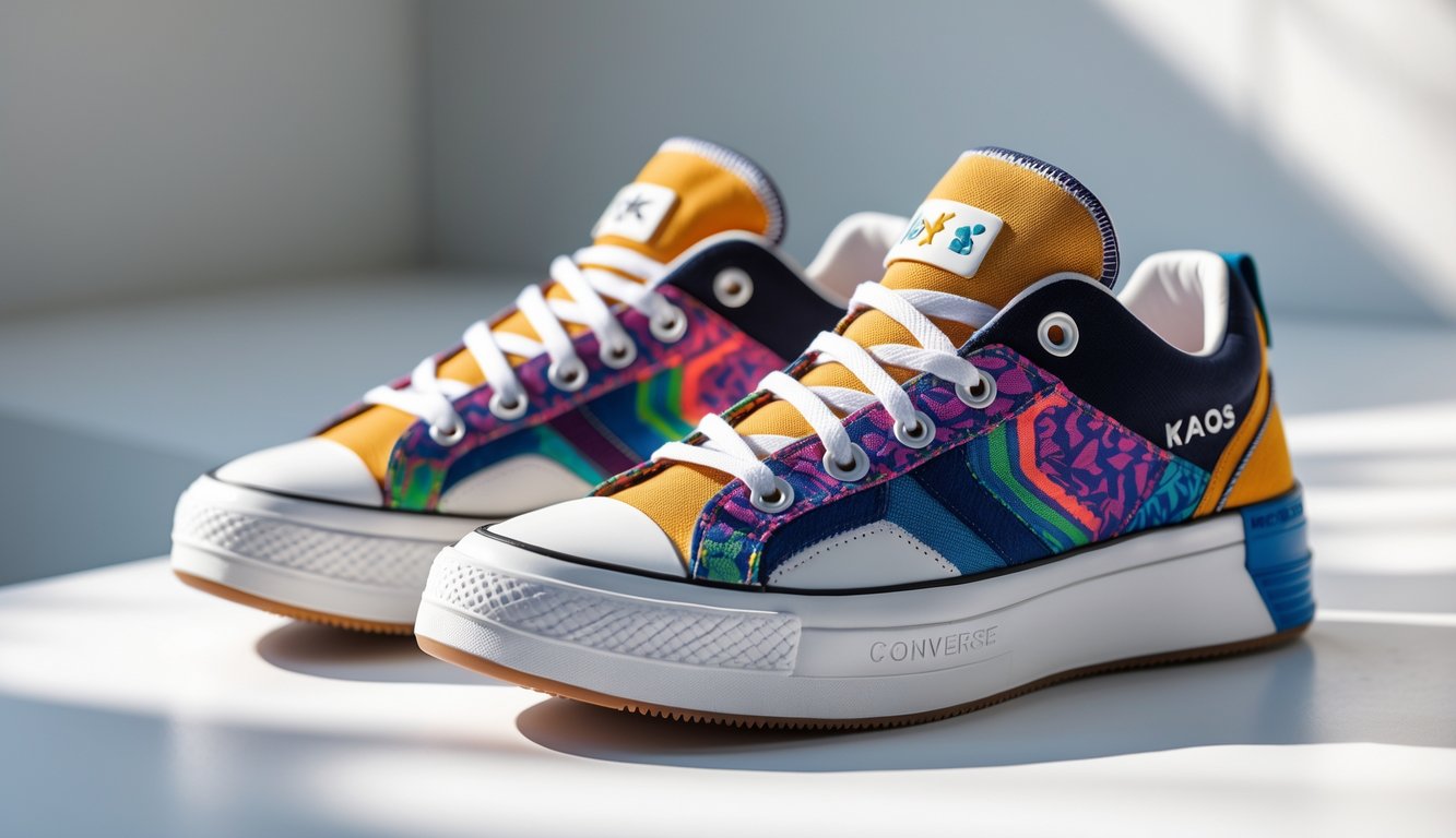 Sepasang sepatu Converse edisi terbatas 2025 diletakkan di permukaan putih dengan pencahayaan alami, menonjolkan detail dan warna sepatu.