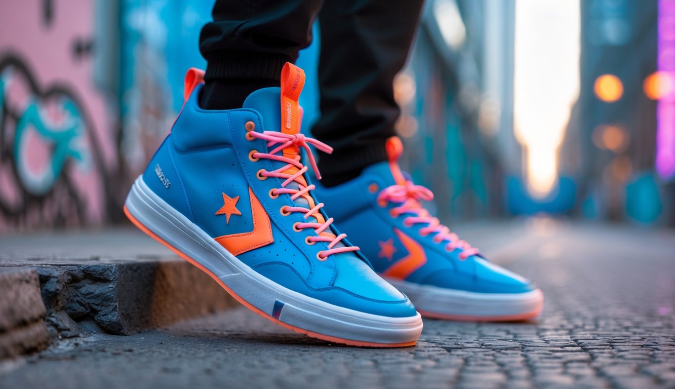 Sepasang sepatu Converse Kaos Street Style 2025 diletakkan di jalanan kota dengan latar belakang gedung dan dinding grafiti.