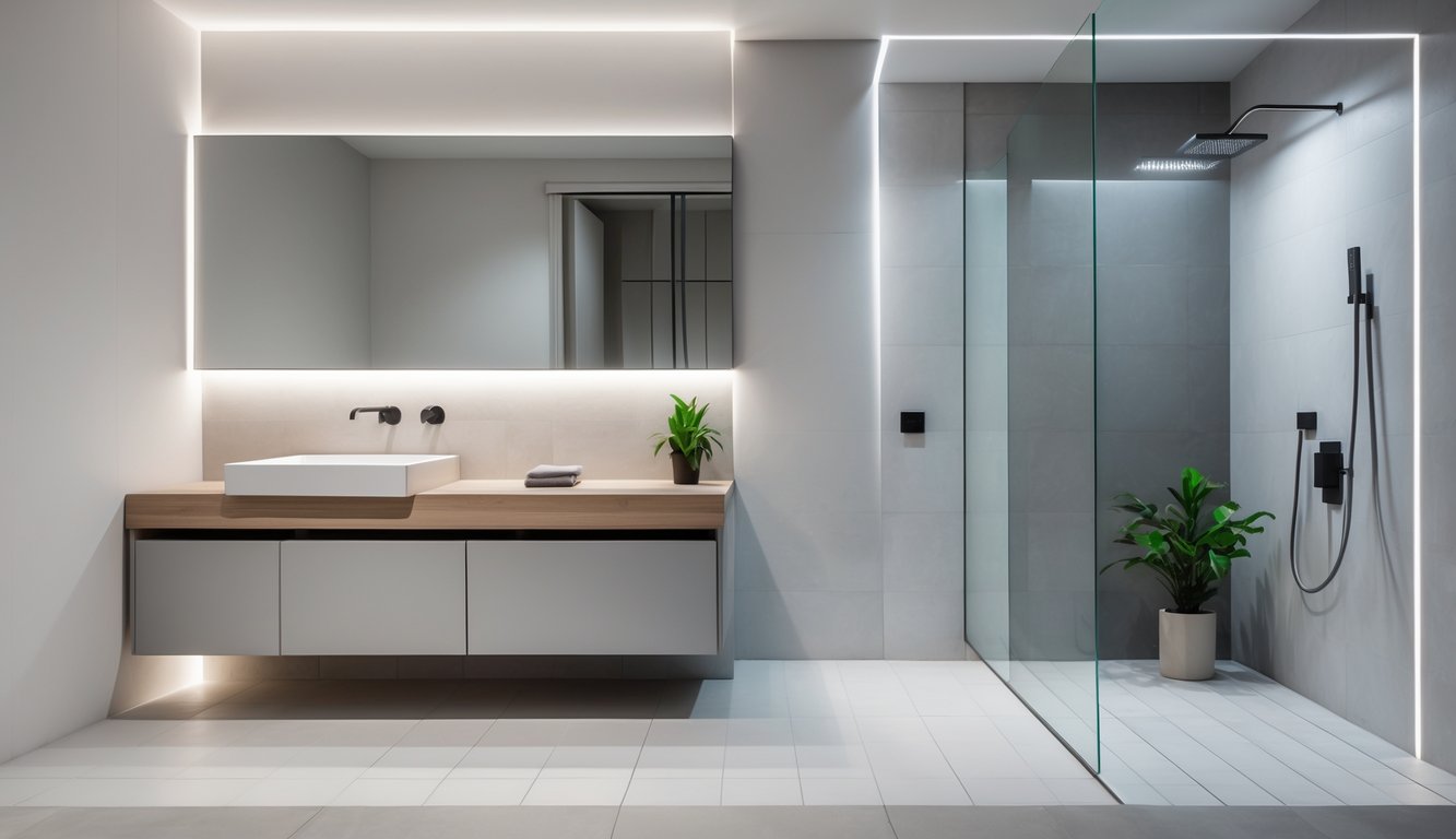 Kamar mandi dengan wastafel, cermin besar, area shower dengan kaca transparan, dan tanaman kecil di sudut.