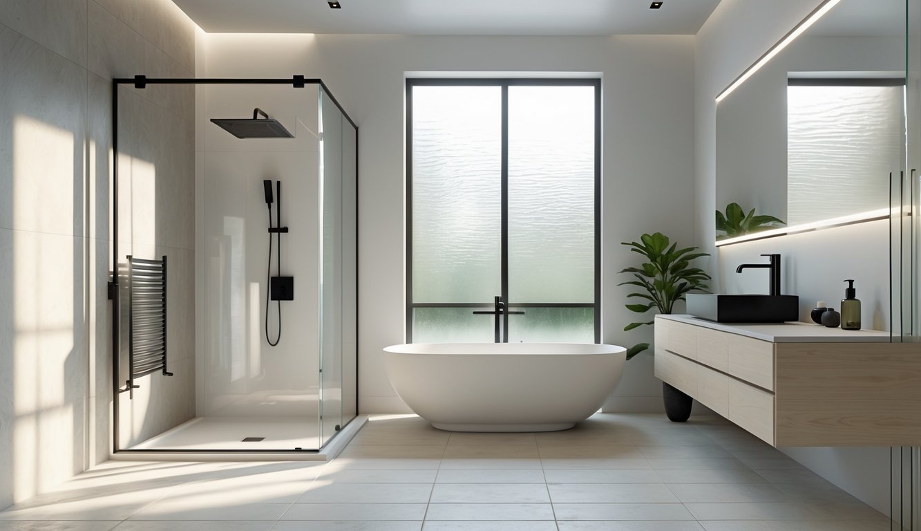 Sebuah kamar mandi dengan pancuran kaca besar, wastafel mengambang, cermin dengan lampu LED, dan tanaman hijau kecil di sudut ruangan.