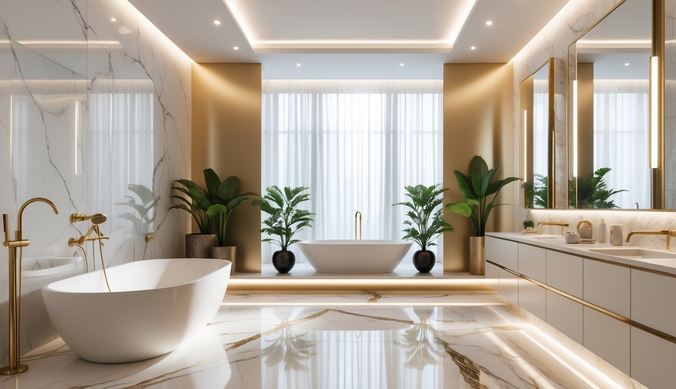 Kamar mandi mewah dengan bathtub berdiri bebas, shower kaca besar, dan dua wastafel dengan cermin yang menyala, dihiasi tanaman hijau dan pencahayaan lembut.