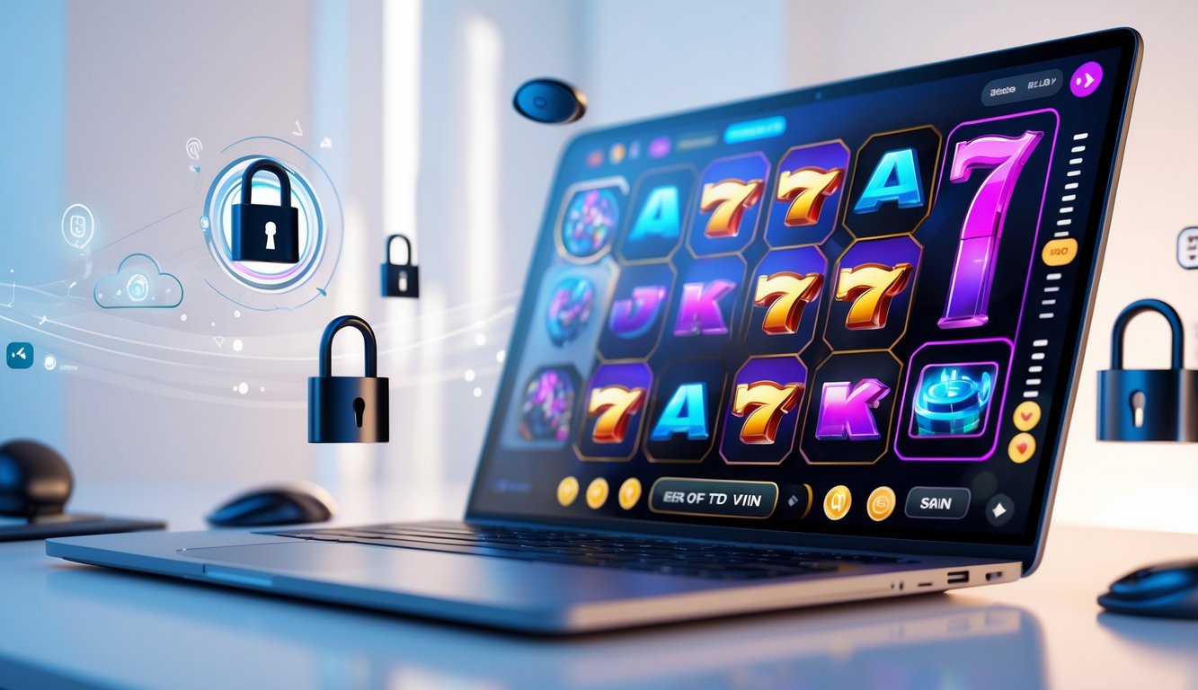 Layar komputer menampilkan permainan slot online dengan ikon warna-warni dan latar belakang yang bersih dan terang.