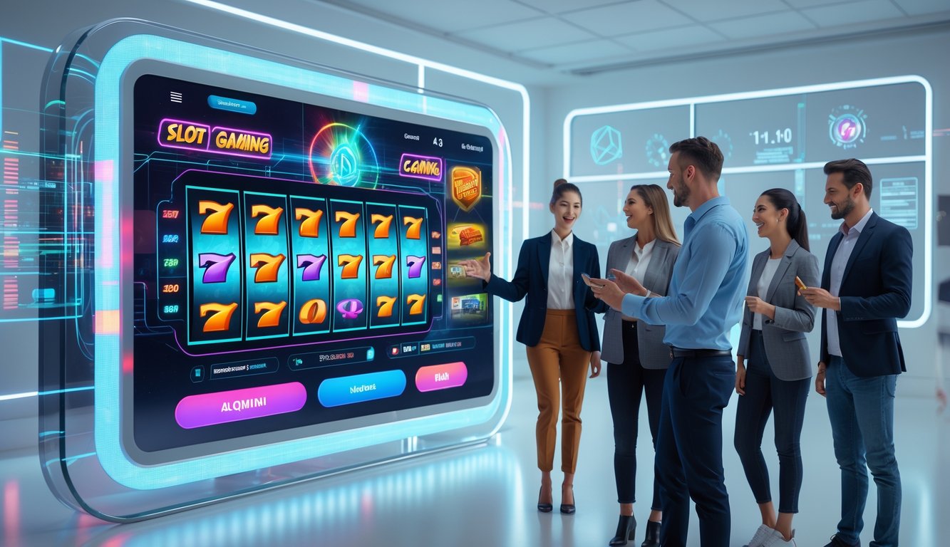 Sekelompok orang menggunakan layar sentuh modern dengan tampilan mesin slot digital berwarna-warni di lingkungan teknologi yang terang dan bersih.