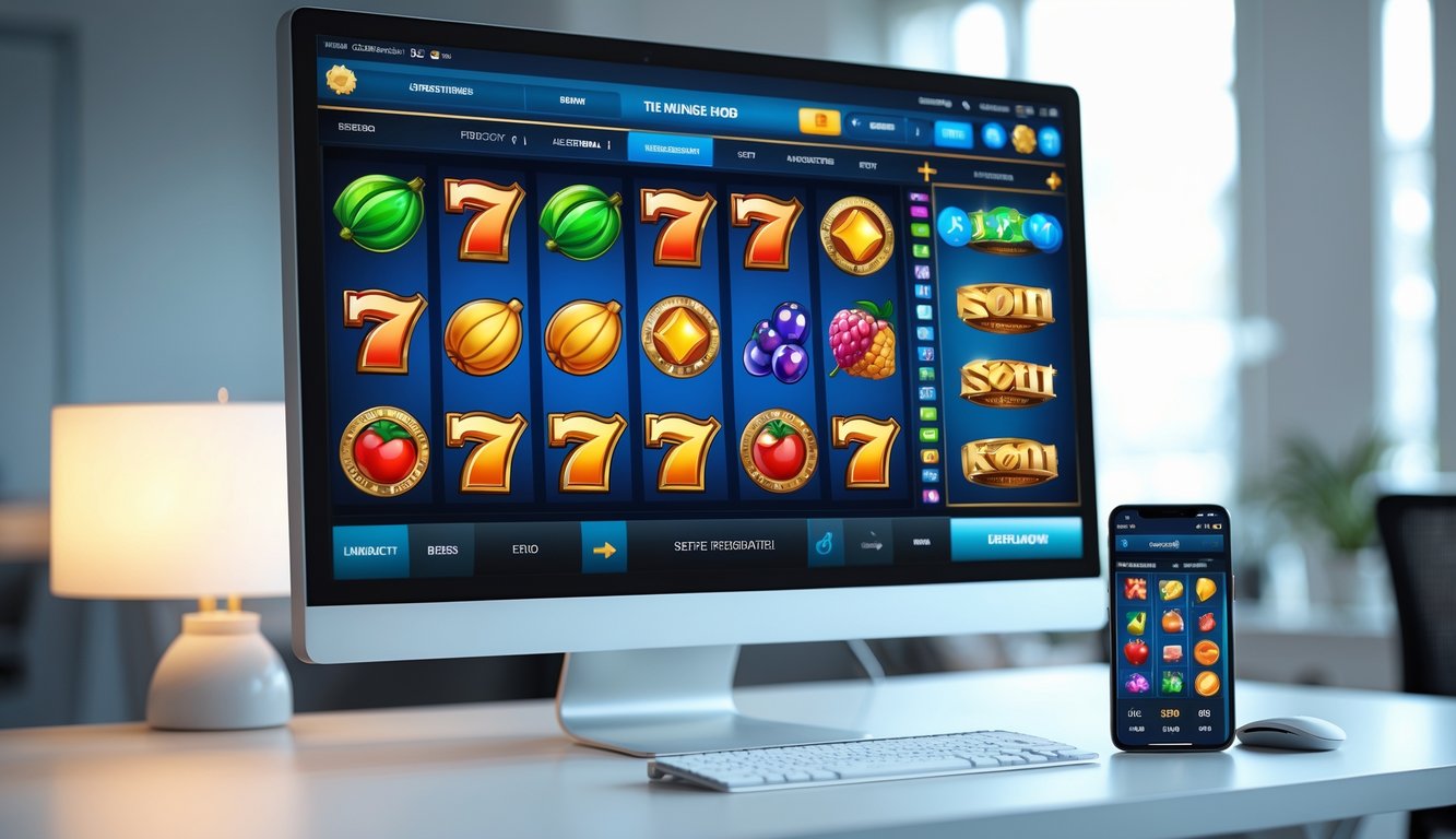 Sebuah komputer dan ponsel menampilkan permainan slot online dengan latar belakang ruangan modern.