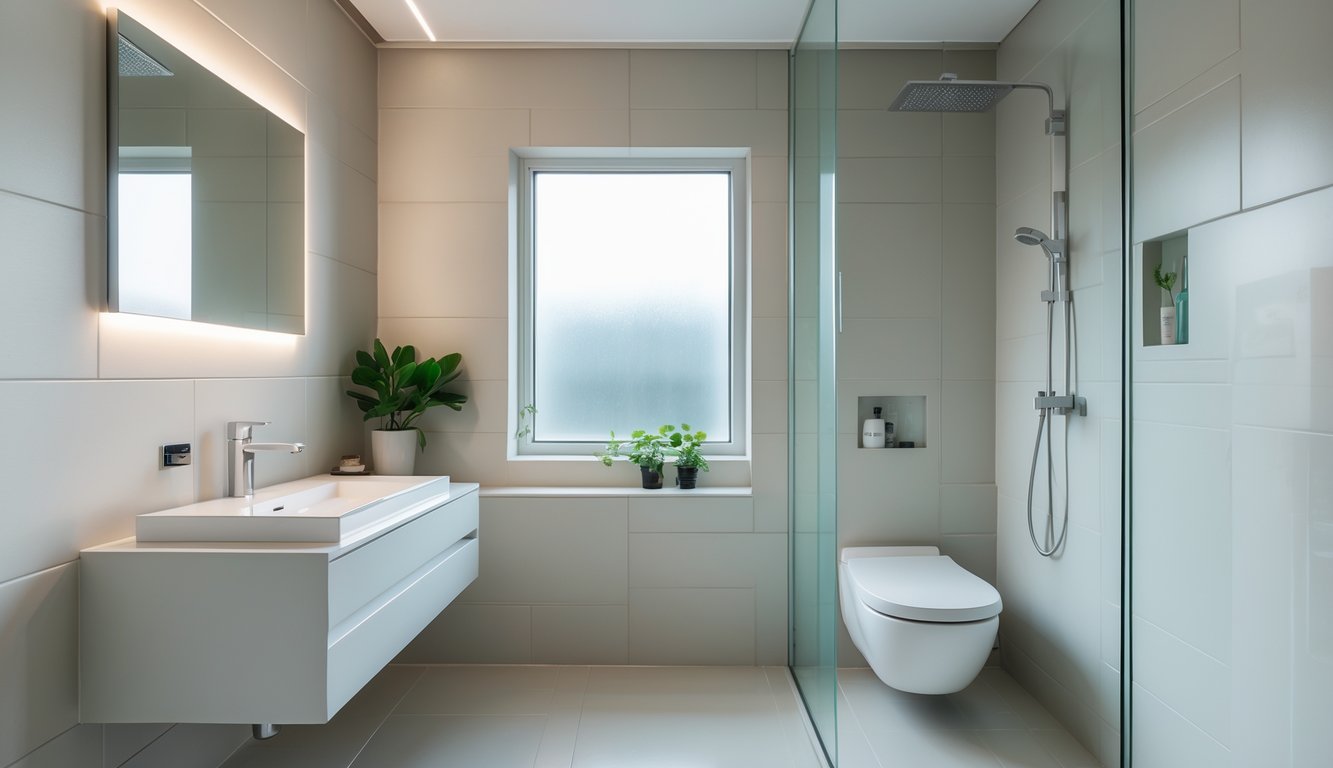 Kamar mandi kecil dengan wastafel gantung, shower kaca tanpa bingkai, dan tanaman hijau di dalam ruangan.