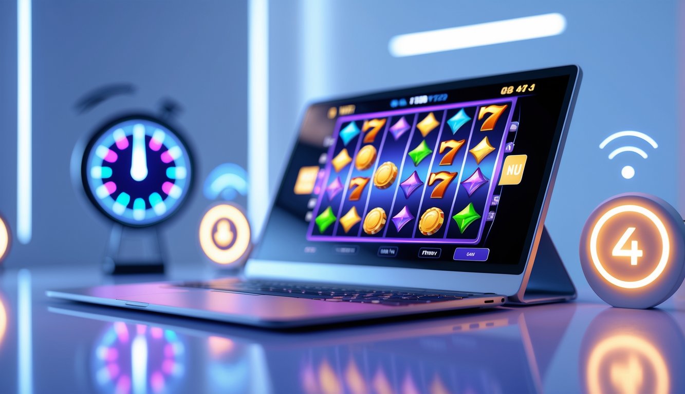 Tampilan dekat layar perangkat yang menunjukkan permainan slot online dengan simbol warna-warni dan ikon jam yang menunjukkan akses cepat 24 jam.