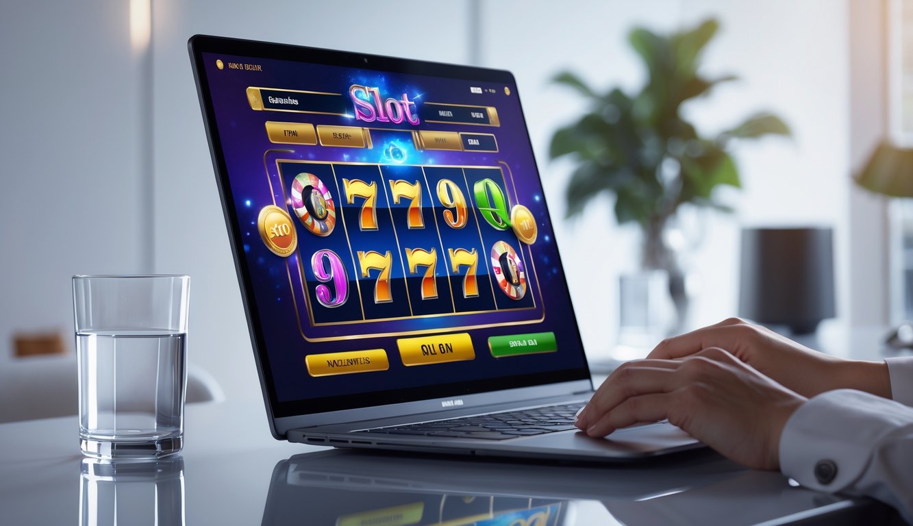 Seorang pengguna sedang bermain permainan slot online di komputer dengan latar belakang ruang kerja yang rapi dan modern.