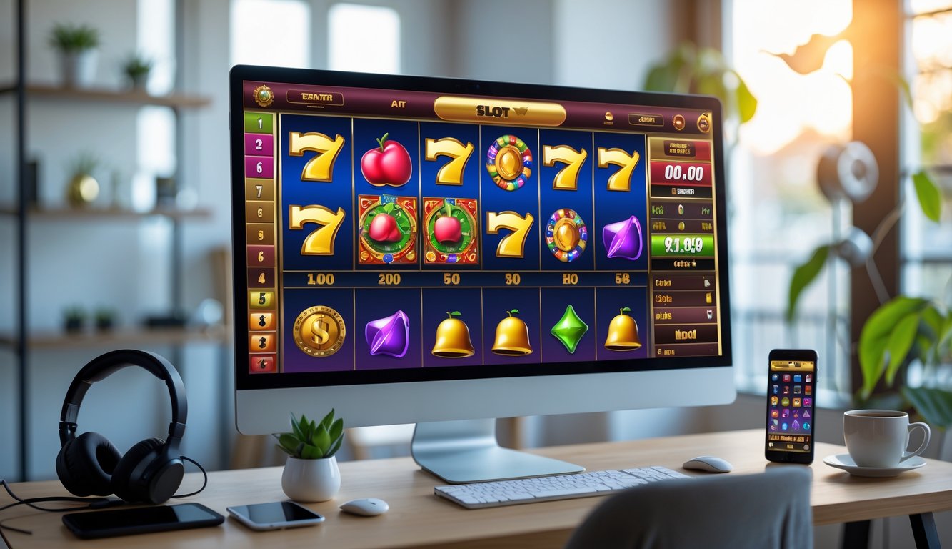 Tampilan komputer dengan permainan slot online berwarna-warni di layar dalam ruangan dengan pencahayaan alami dan dekorasi sederhana.