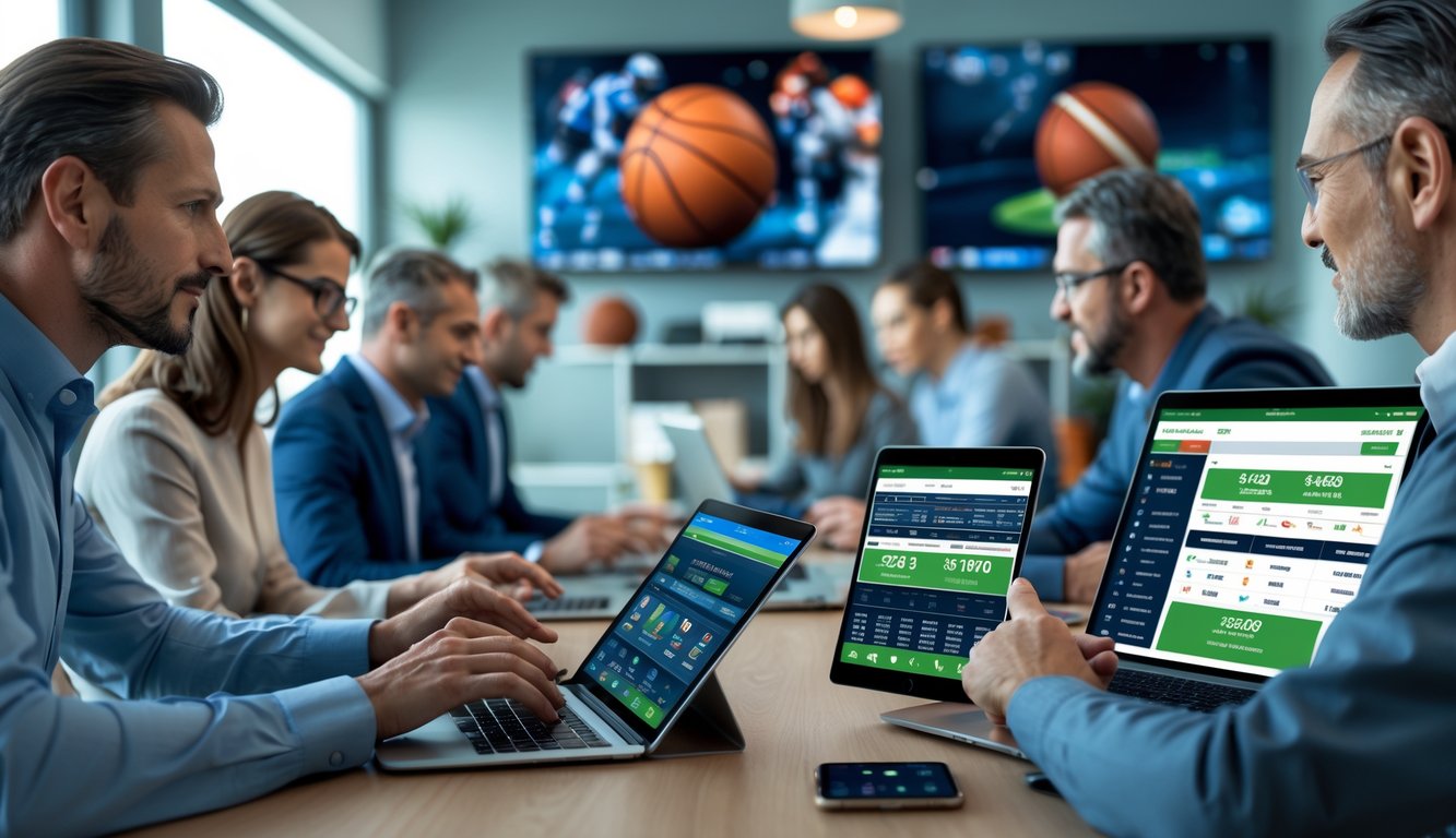Beberapa orang menggunakan perangkat digital untuk taruhan olahraga online dalam ruangan modern yang terang.