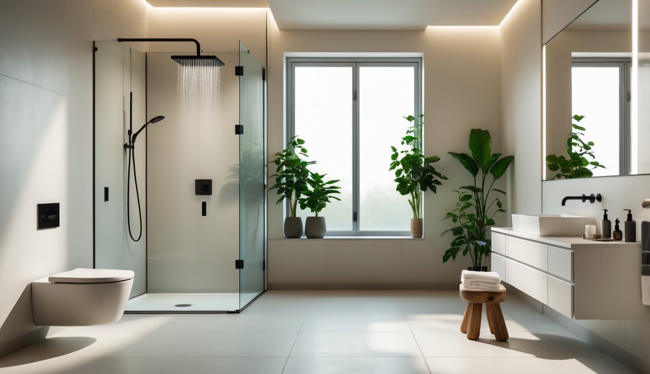 Kamar mandi modern dengan pancuran kaca, wastafel melayang, tanaman hijau, dan pencahayaan alami.