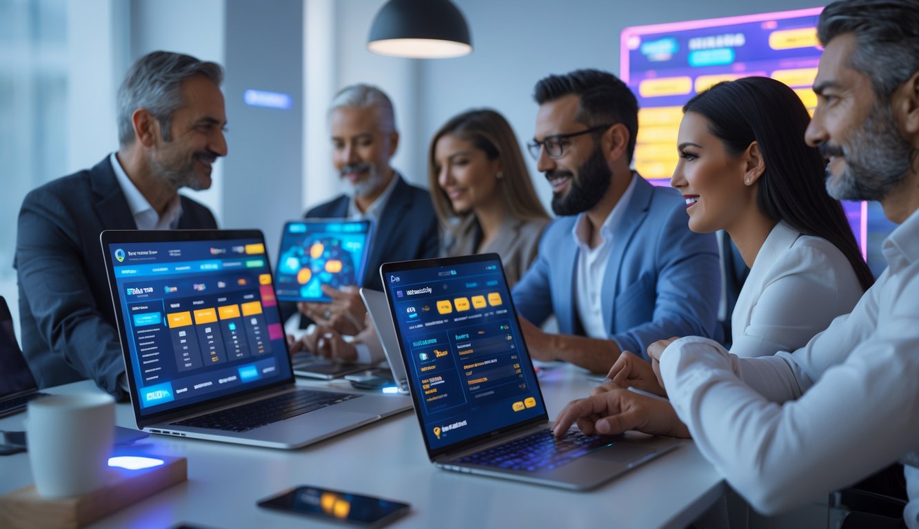 Beberapa orang sedang menggunakan perangkat digital untuk bermain taruhan online di ruang kerja modern.