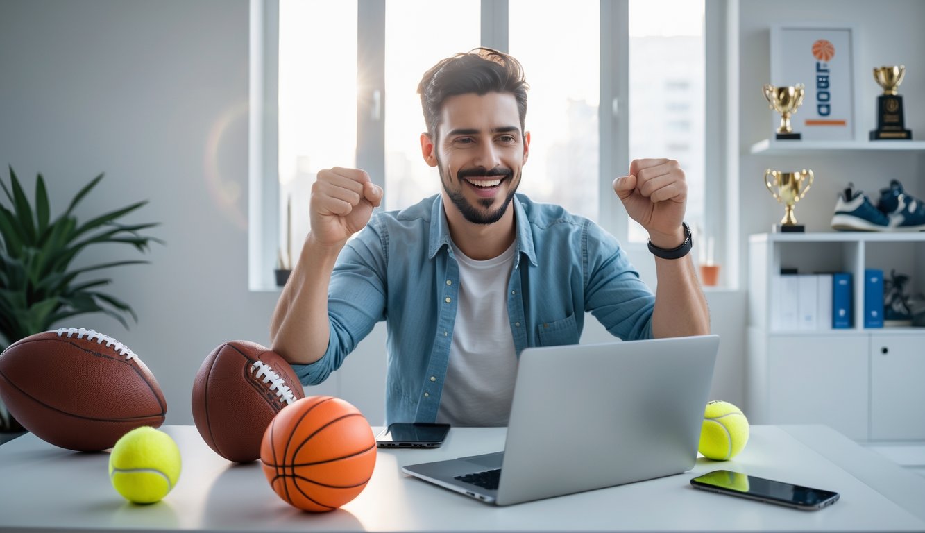 Seorang penggemar olahraga menggunakan laptop untuk taruhan olahraga online di ruang kerja modern dengan bola olahraga di meja.