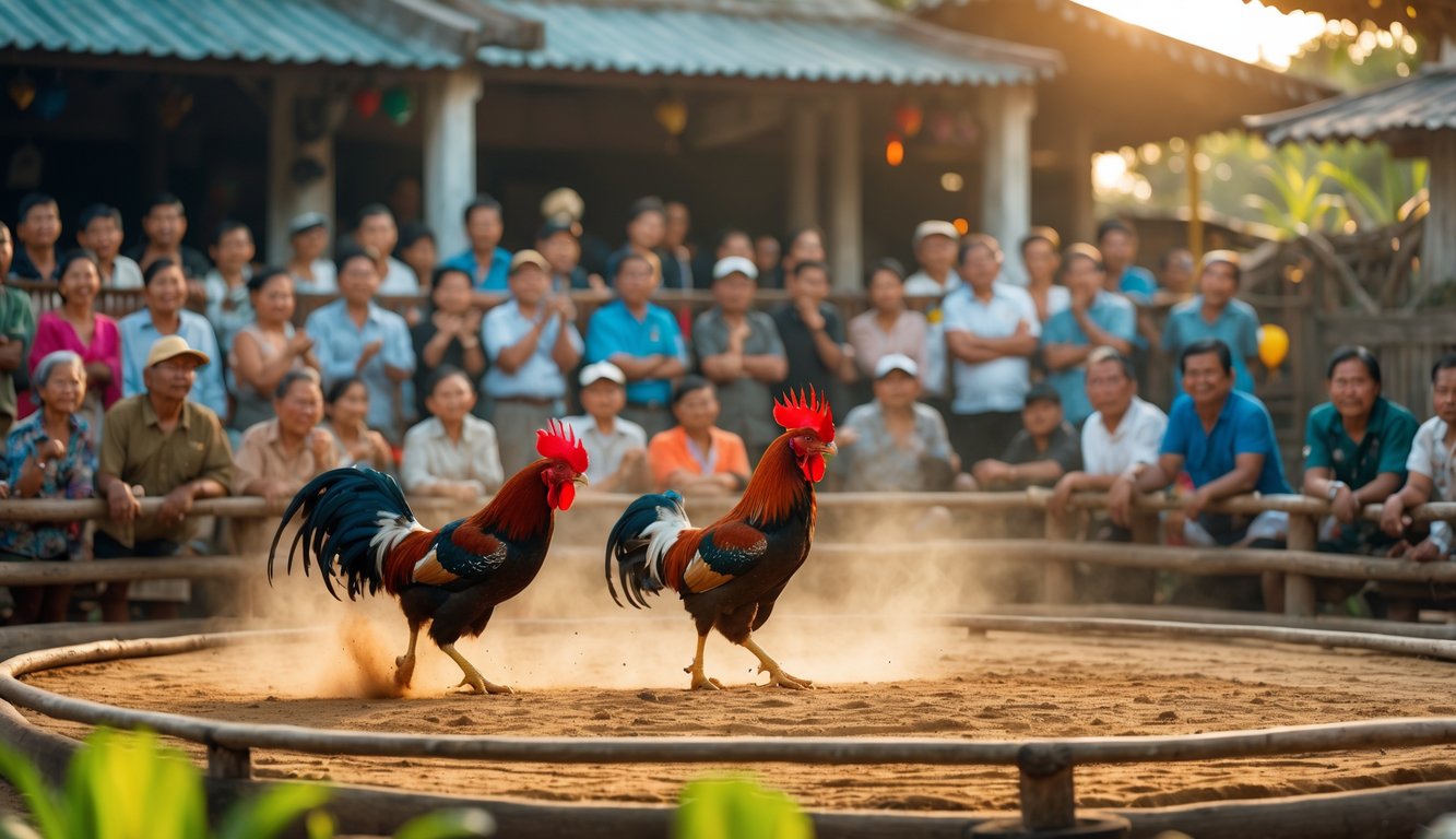 Arena sabung ayam tradisional dengan dua ayam jago bertarung di tengah dan penonton yang antusias mengelilingi arena.