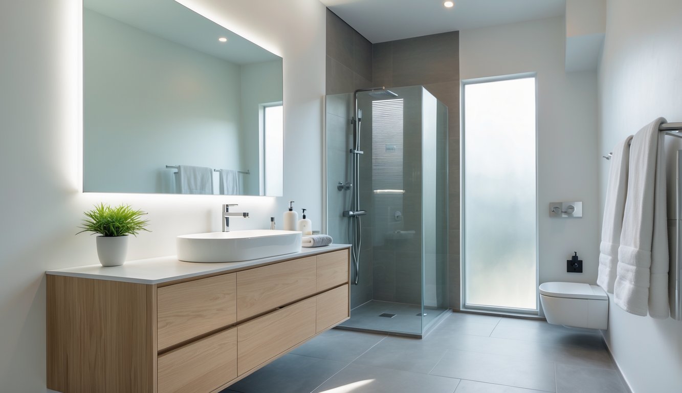 Kamar mandi rumah dengan wastafel, cermin besar, shower kaca, dan dekorasi sederhana.