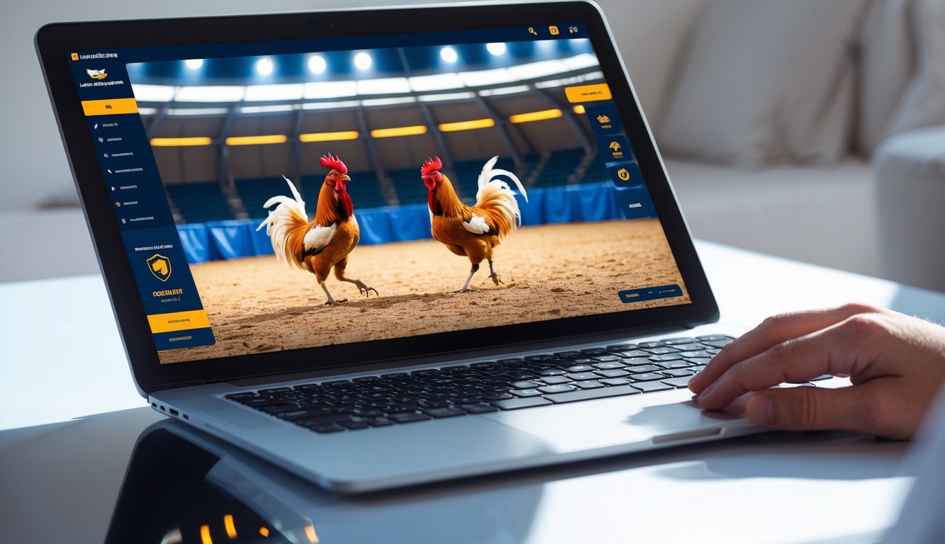 Layar perangkat digital menampilkan pertarungan ayam sabung di arena resmi yang terang dan bersih.