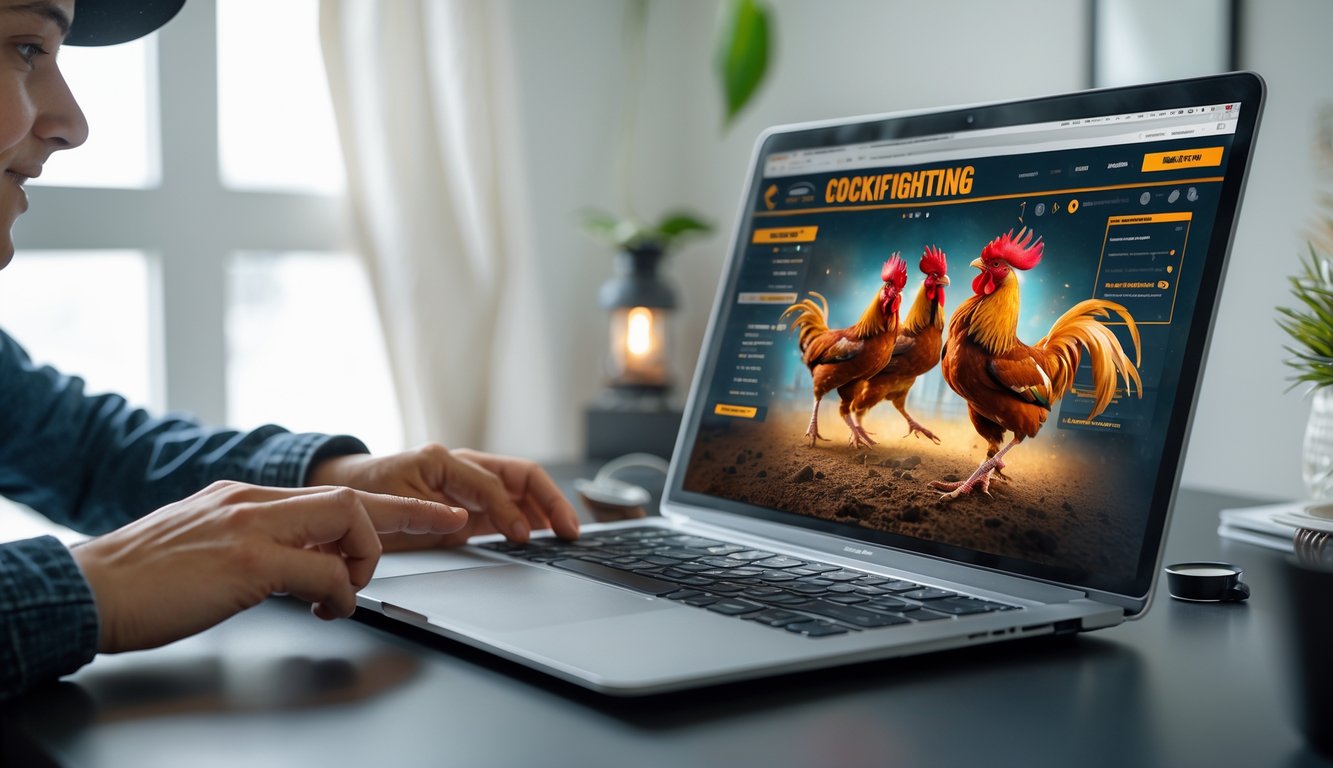 Seseorang menggunakan komputer dengan tampilan pertandingan ayam aduan di layar dalam ruangan yang terang dan rapi.