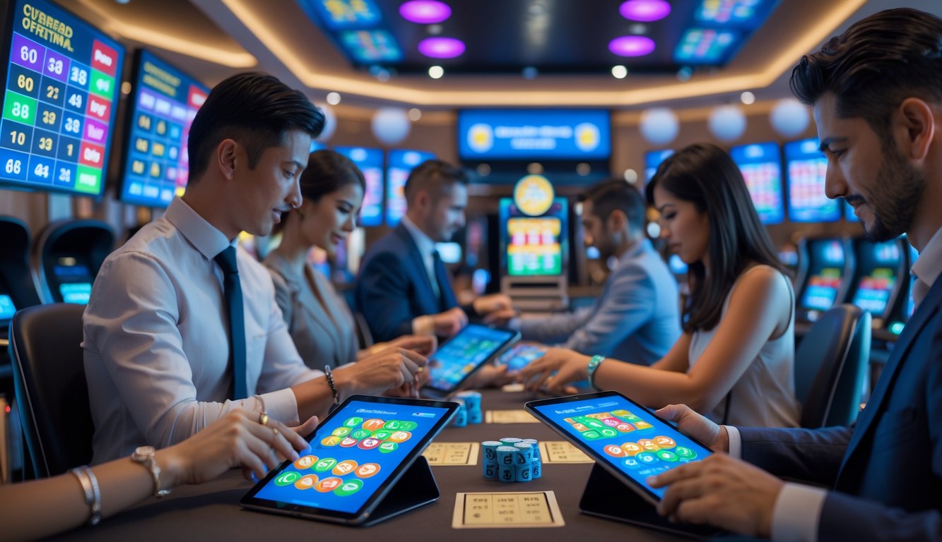 Orang-orang menggunakan perangkat elektronik di ruangan modern dengan layar menampilkan angka togel dan grafik.