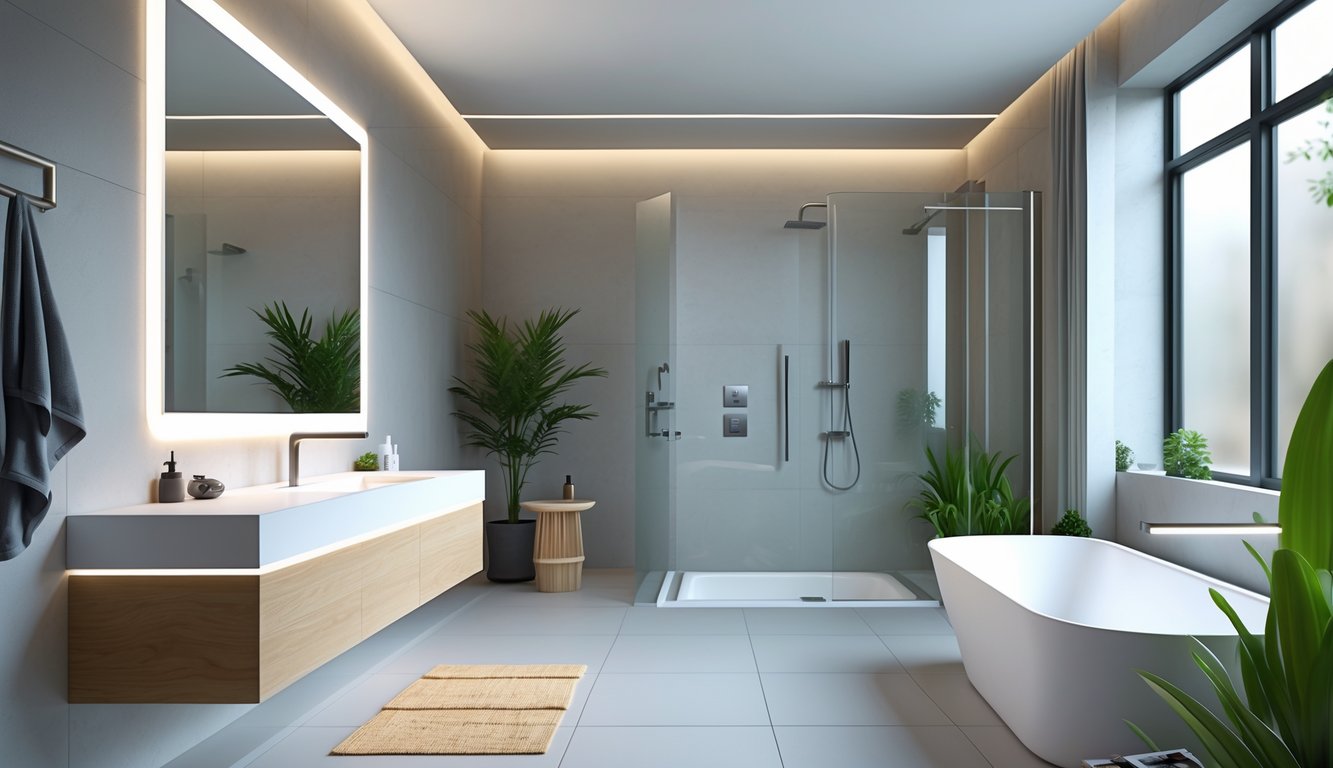 Kamar mandi modern dengan wastafel gantung, cermin besar, pancuran tanpa bingkai, dan tanaman hijau di sudut ruangan.