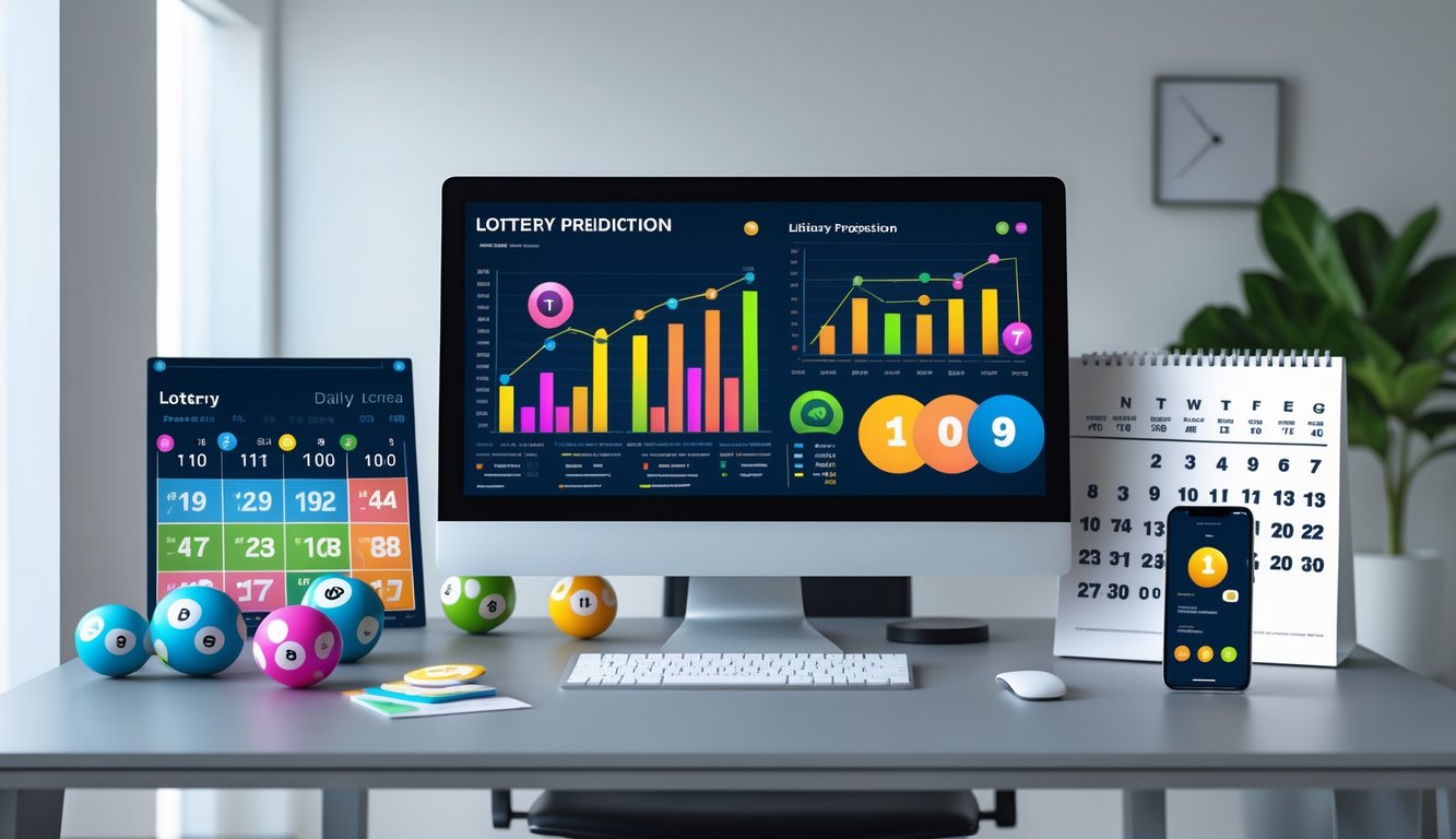 Meja kerja modern dengan komputer menampilkan grafik dan angka prediksi togel, bola togel, kalender harian, dan ponsel dengan aplikasi taruhan.