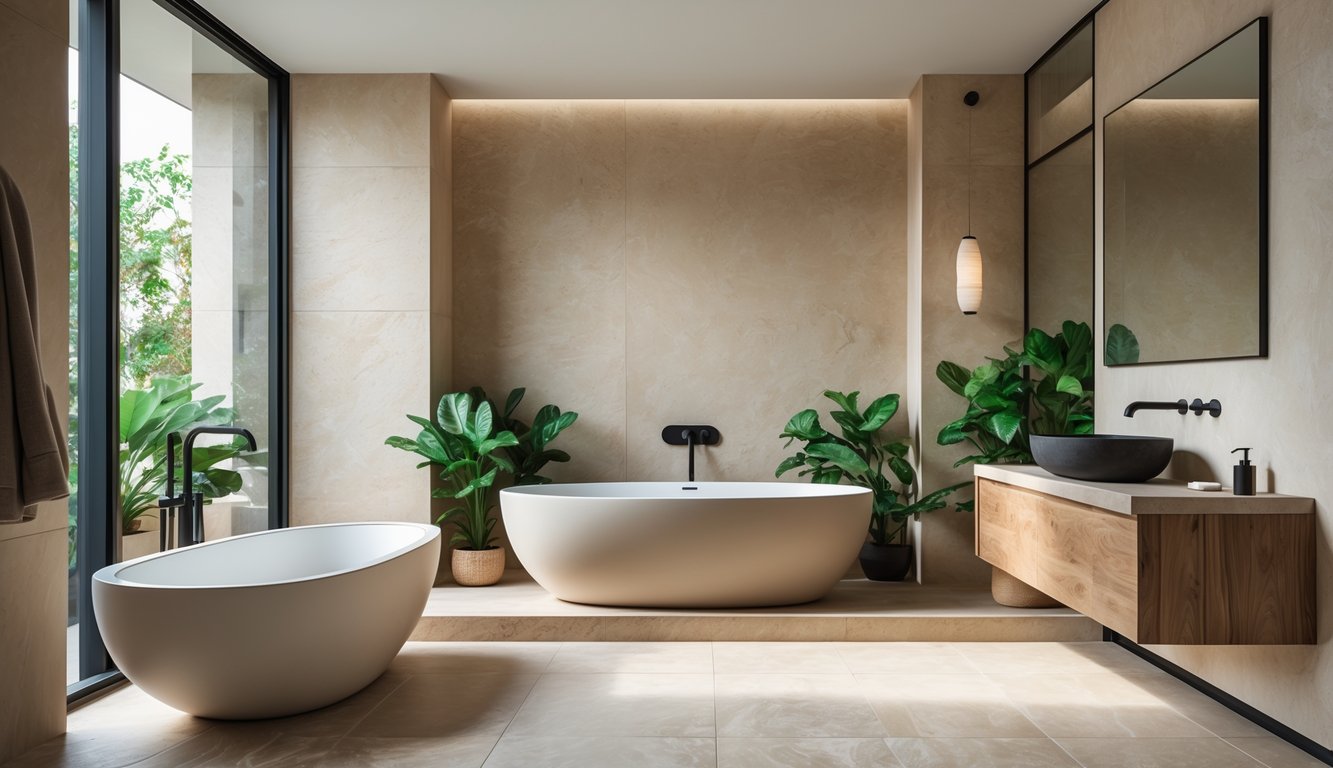 Kamar mandi dengan bathtub berdiri bebas, jendela besar, tanaman hijau, dan material kayu serta batu alami.