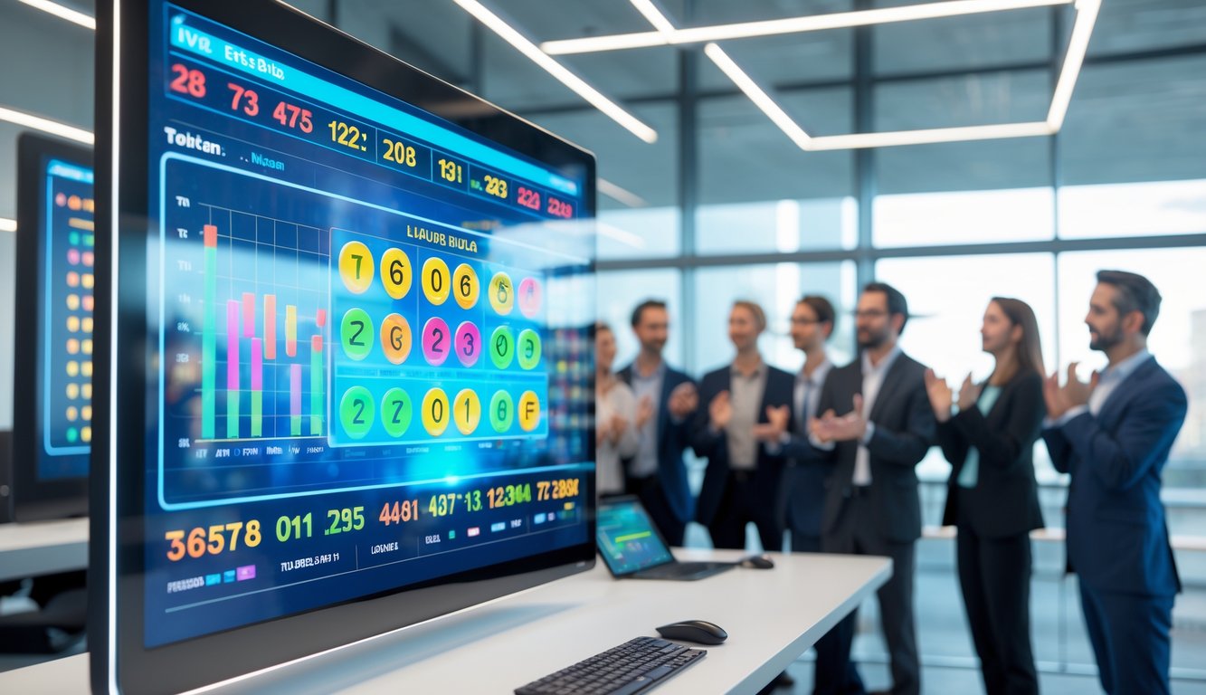 Orang-orang mengamati layar digital dengan angka dan grafik hasil undian secara langsung di ruang kantor modern.