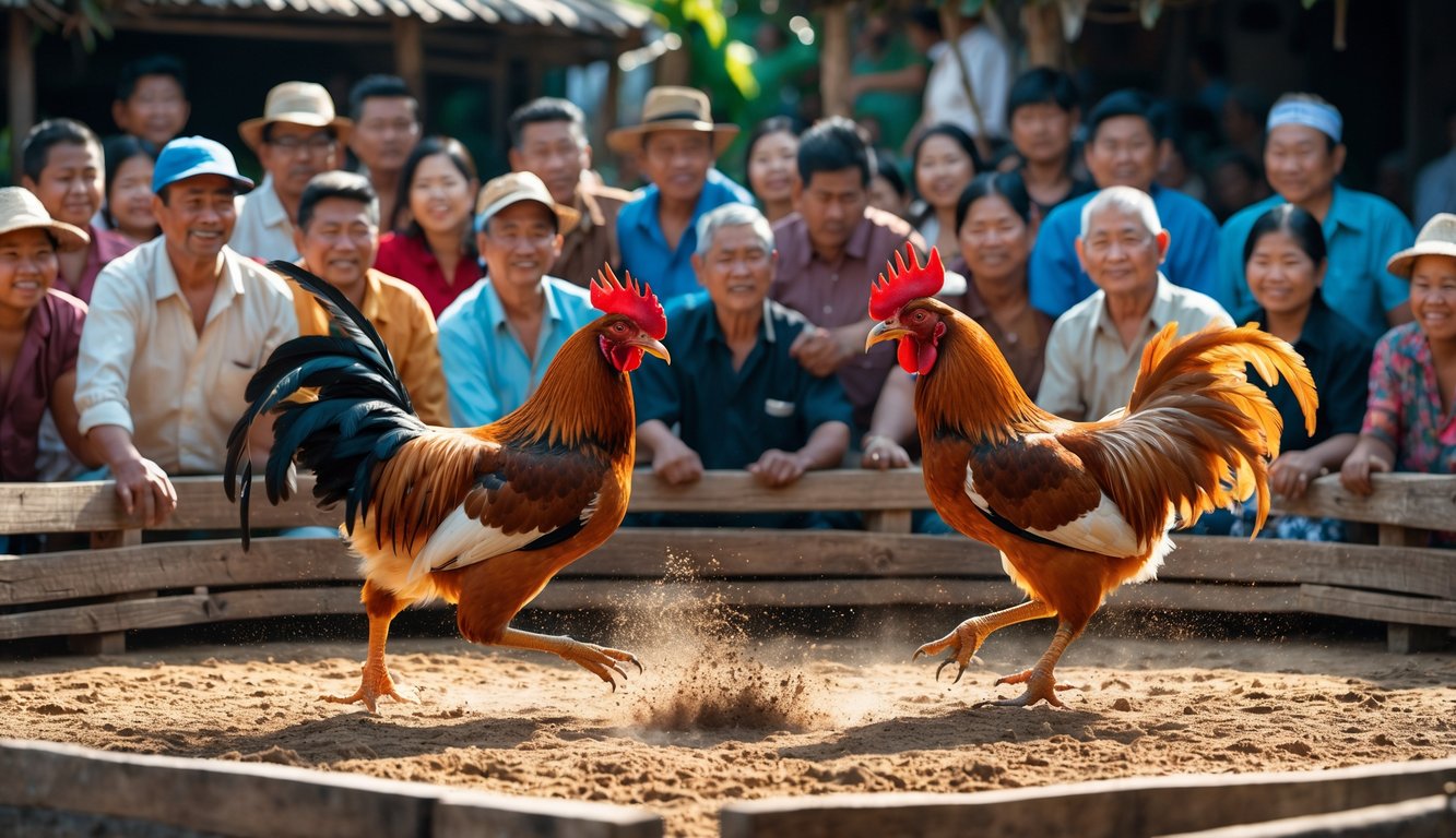 Dua ayam jago sedang bertarung di arena kayu dengan penonton yang antusias di sekelilingnya di lingkungan desa.