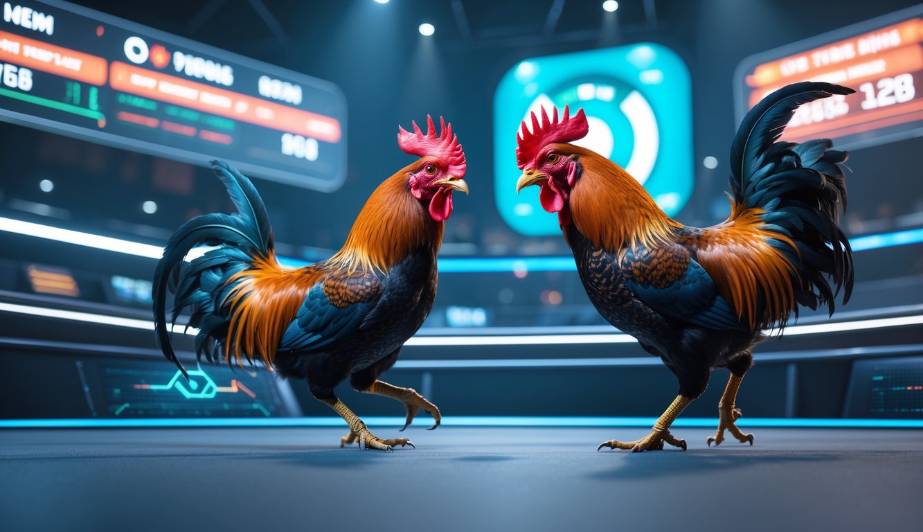 Dua ayam jago sedang bertarung di arena digital dengan layar menampilkan data pertandingan secara real-time.