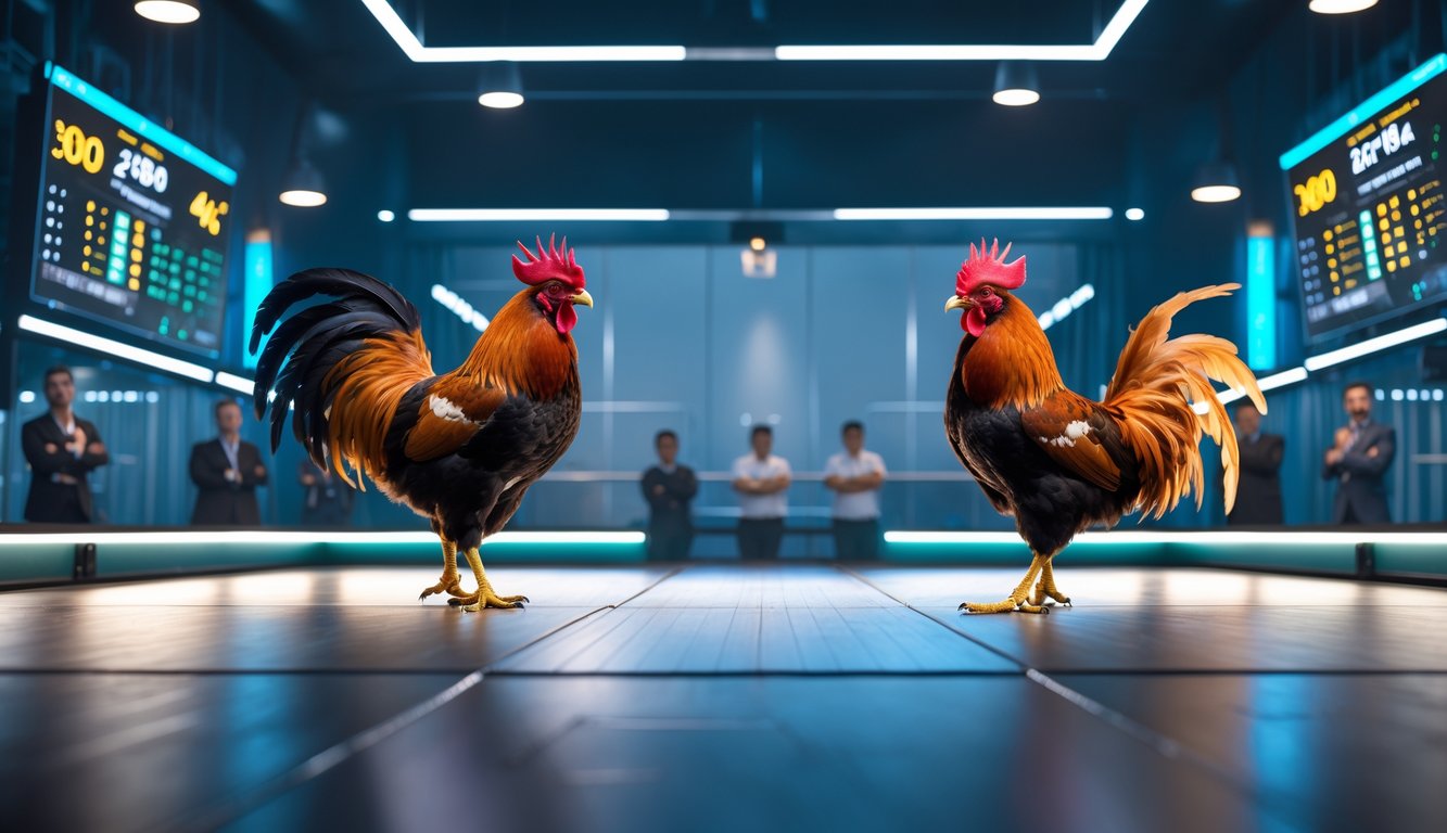 Arena sabung ayam modern dengan dua ayam di atas panggung dan layar digital di sekitar yang menunjukkan data statistik.