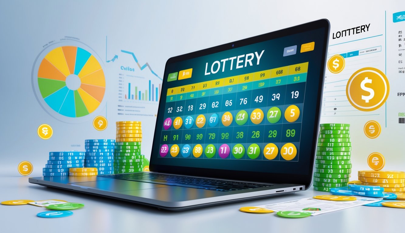 Seseorang menggunakan laptop dengan layar menampilkan angka lotre dan grafik, dikelilingi oleh simbol yang mewakili berbagai pasar lotre online.
