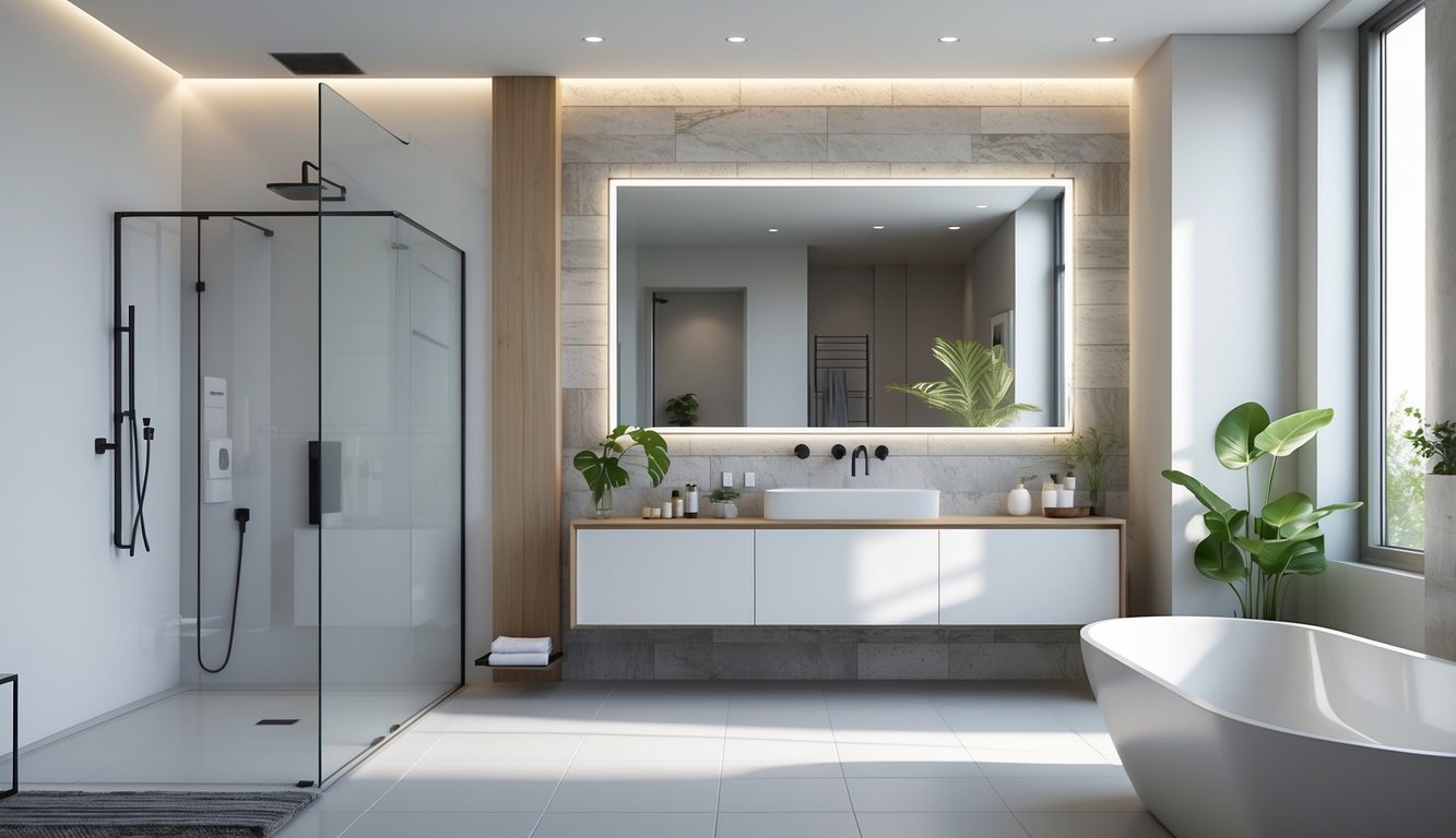 Interior kamar mandi modern dengan shower kaca, wastafel gantung, dan bathtub berdiri bebas, pencahayaan terang, tanaman hijau, dan lantai ubin besar.